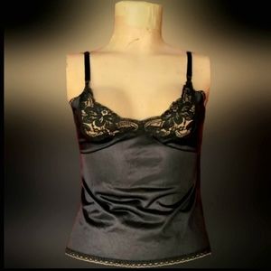 Vtg 70s 80s blk satin silk lace trim cups sexy fitted camisole sleek tank top L